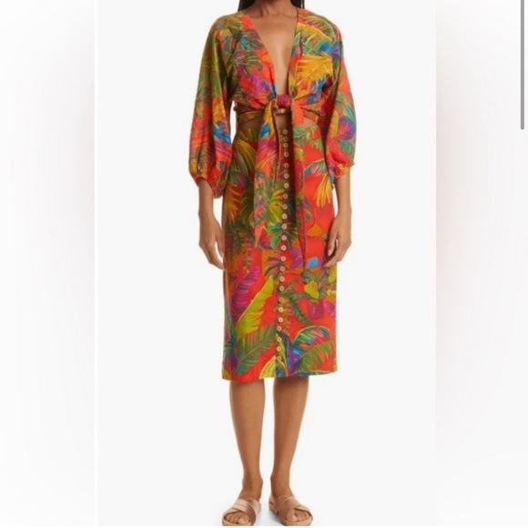 Tropical Print Button-Down Skirt Farm Rio M - Picture 2 of 6